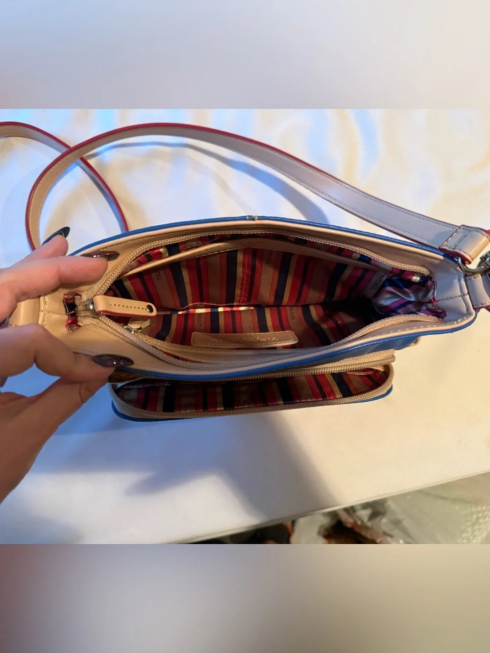Tignanello Blue Leather Shoulder Bag with Cream Trim and Red Edging